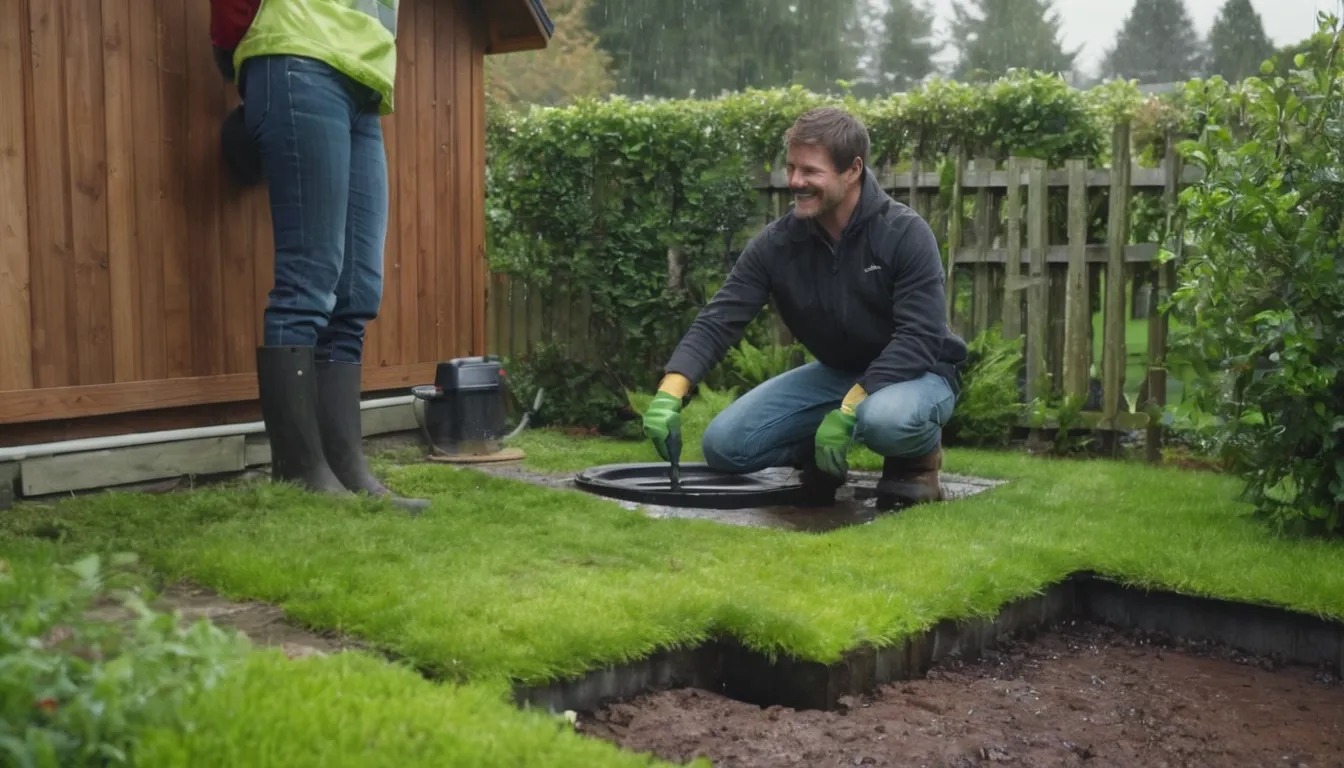 A local septic provider checking an open tank lid in a yard in the Tacoma area