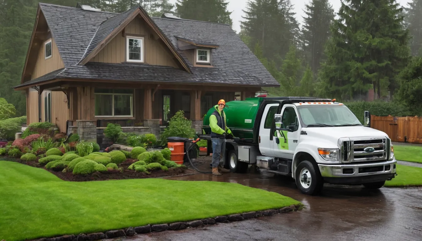 A friendly septic provider pumping a tank beside a wood-frame home in the Tacoma area